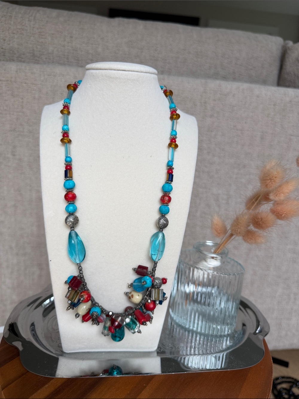 Artisan Boho Statement Necklace Turquoise Red Mixed Beads